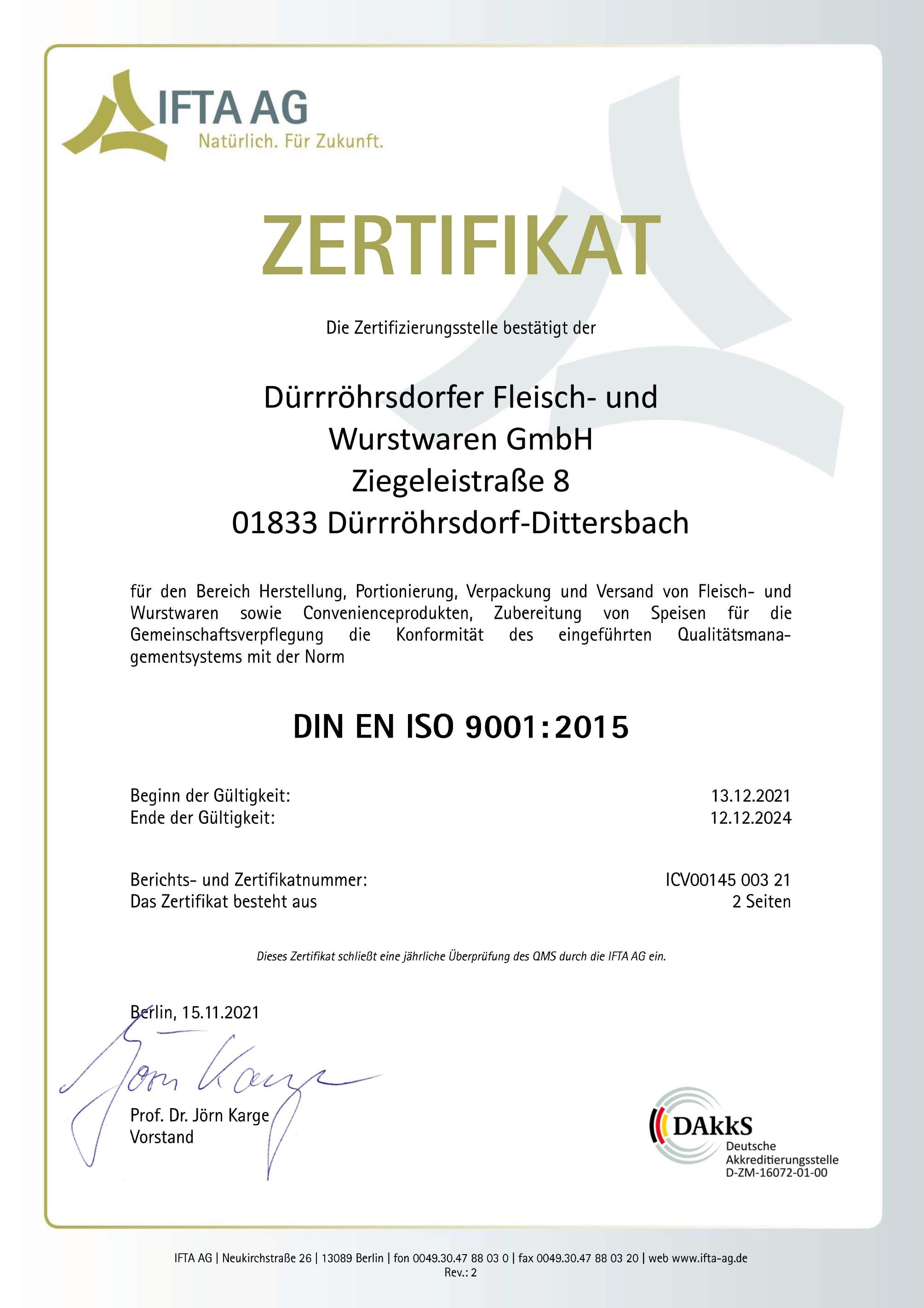 Qualitäts-ISO-Zertifikat 2021-2024
